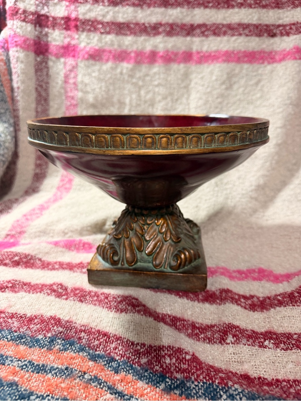 Red Resin Pedestal Bowl - Antique Bronze Footed Centerpiece Dish 10”x7”